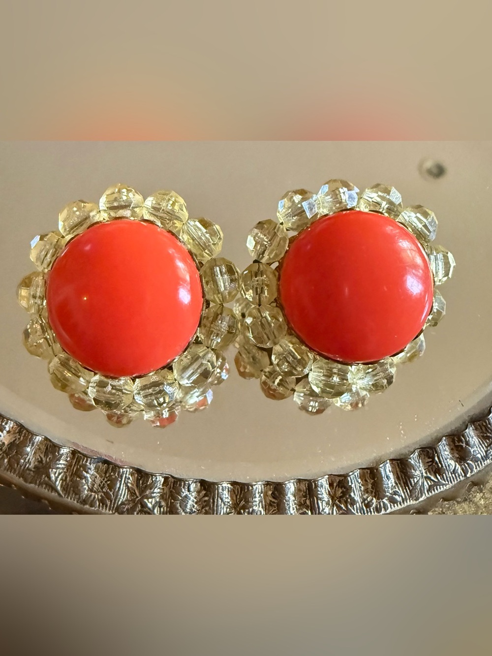 Vintage Orange Moonglow Lucite Cluster Clip On Earrings 1950s Midcentury